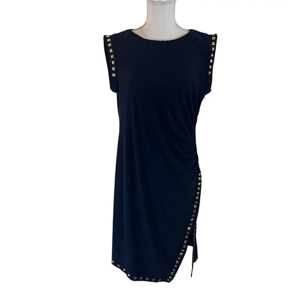 Soho Apparel Dress Petite Large Navy Gold Square Stud Accents Slit Stretch Knit - Picture 1 of 9